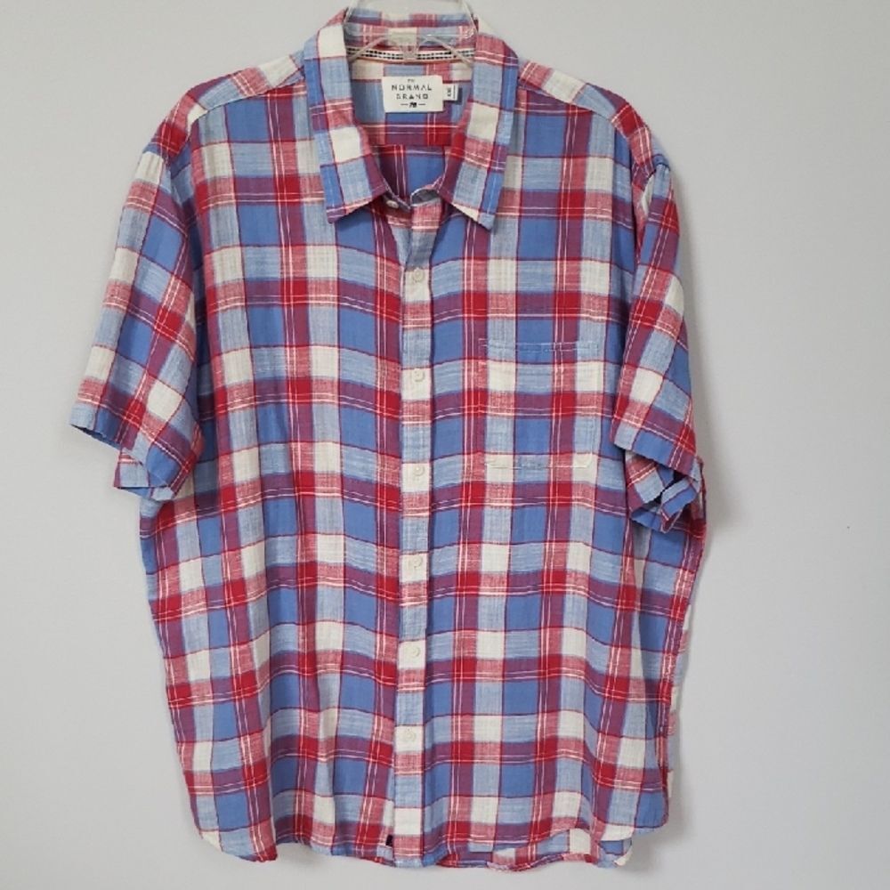 The Normal Brand Men's 2XL Red White Blue Plaid Button Down Shirt Brushed Cotton